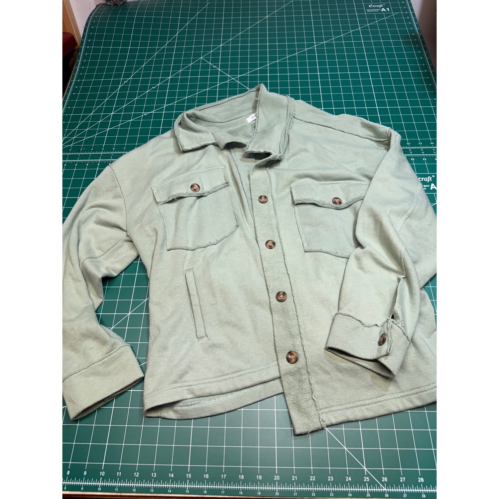 Grace & Lace Sage Green Knit Shacket Button Front Raw Edge Jacket Womens XL